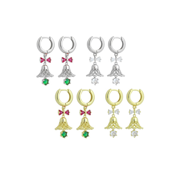 Colorful CZ Christmas Jingle Bell Bow Earrings, Sku#A485