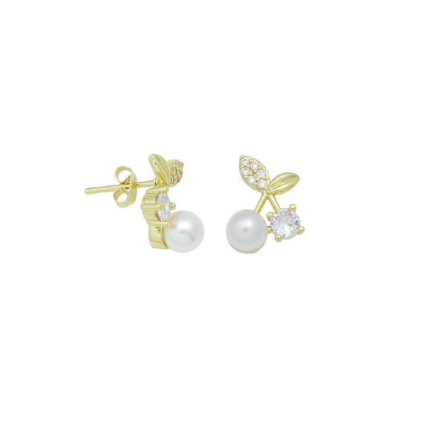 Clear CZ White PearlCherry Stud Earrings, Sku#A501