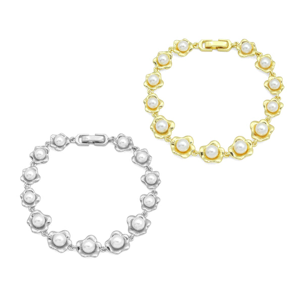 Gold Silver White Pearl Flower Bracelet, Sku#A507