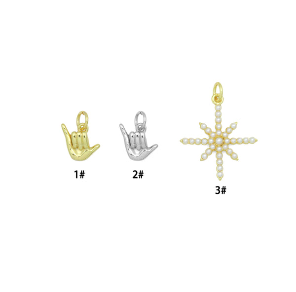 Gold Silver Shaka Hand Gesture Pearl North Star Pendant charm, Sku#A511