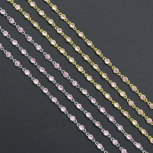 High Quality 1 Foot/Yard-Pink CZ Beaded Chain-4mm Cubic Zironia Bezel Chain, sku#A516