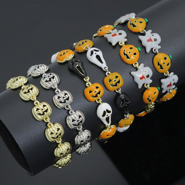 Gold Silver Halloween Ghost Pumpkin Charm Chain Bracelet,  Sku#A520