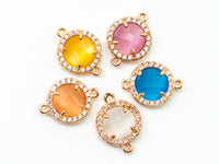 Round Bezel Connector with Faceted Cat's Eye Stone, Gold Plated CZ Micro Pave Frame Connector,Topaz/Pink/Peach/White/Blue 12x15mm, sku#A75