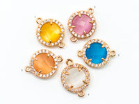 Round Bezel Connector with Faceted Cat's Eye Stone, Gold Plated CZ Micro Pave Frame Connector,Topaz/Pink/Peach/White/Blue 12x15mm, sku#A75