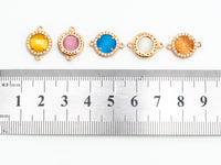 Round Bezel Connector with Faceted Cat's Eye Stone, Gold Plated CZ Micro Pave Frame Connector,Topaz/Pink/Peach/White/Blue 12x15mm, sku#A75