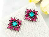 CZ Micro Pave Ruby Blue Flower Star Ear Studs, CZ Pave Earrings, Rose Gold Black Silver plated Earring,22x22mm,1pair, sku#O50