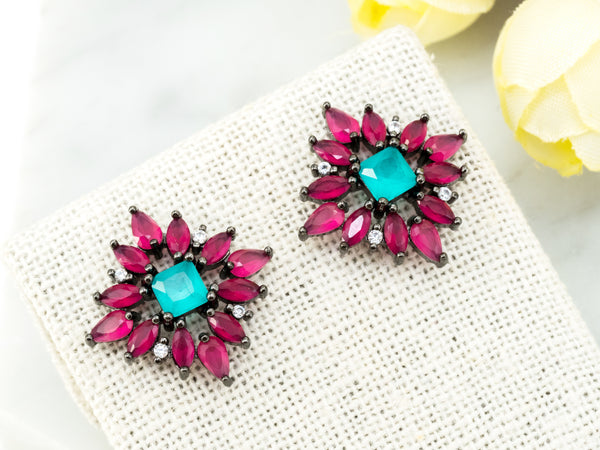 CZ Micro Pave Ruby Blue Flower Star Ear Studs, CZ Pave Earrings, Rose Gold Black Silver plated Earring,22x22mm,1pair, sku#O50