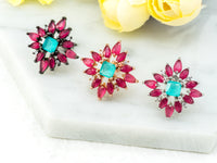 CZ Micro Pave Ruby Blue Flower Star Ear Studs, CZ Pave Earrings, Rose Gold Black Silver plated Earring,22x22mm,1pair, sku#O50