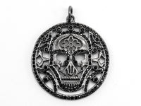 Black CZ Pave On Black Micro Pave Skull Round Pendant with bail, Cubic Zirconia Skull Pave Pendant Beads, Halloween Pave, 29x32mm, Sku#F368