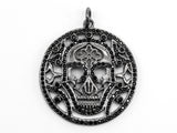 Black CZ Pave On Black Micro Pave Skull Round Pendant with bail, Cubic Zirconia Skull Pave Pendant Beads, Halloween Pave, 29x32mm, Sku#F368