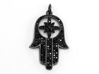 Black CZ Pave On Black Micro Pave Hamsa Hand with Flat Square Bail Pendant, CZ Pave Pendant, 22x34mm, sku#F379