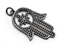 Black CZ Pave On Black Micro Pave Hamsa Hand with Flat Square Bail Pendant, CZ Pave Pendant, 22x34mm, sku#F379