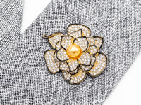 CZ Micro Pave Gold Tone Rose Flower Brooch Pin with 10mm Round Shell Pearl,Pave Flower Penant Brooch Pin, 46x57mm, Sku#P29