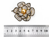 CZ Micro Pave Gold Tone Rose Flower Brooch Pin with 10mm Round Shell Pearl,Pave Flower Penant Brooch Pin, 46x57mm, Sku#P29