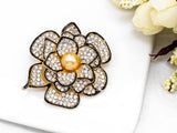 CZ Micro Pave Gold Tone Rose Flower Brooch Pin with 10mm Round Shell Pearl,Pave Flower Penant Brooch Pin, 46x57mm, Sku#P29