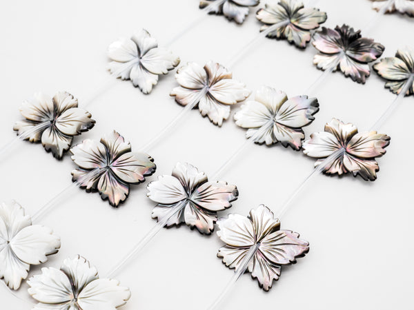 1/10pcs Natural Mother of Pearl beads, 25-30mm White and Black Carved Pearl Flower Leaf strand, Shell Beads, SKU#T104