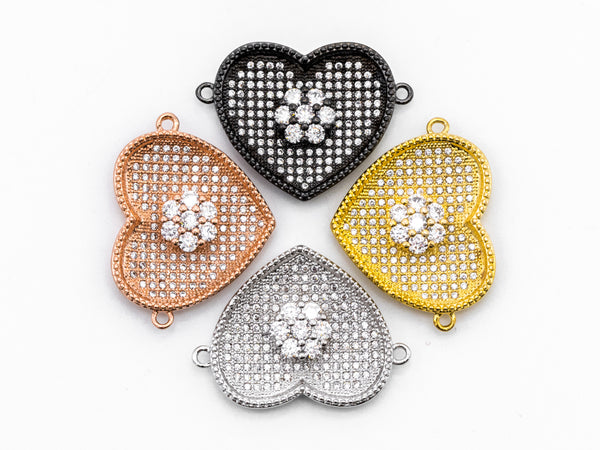 Clear CZ Micro Pave Heart Shape With Flower Connector for Bracelet/Necklace, Cubic Zirconia Space Connector, CZ Pave Beads,21x28mm, sku#Y35