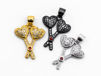 CZ Micro Pave Double Heart Key Charm, CZ Pave Heart Charm, Jewelry Supplies, DIY Jewelry,Heart Pendants,16x20mm,sku#Y40