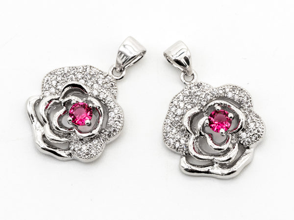 CZ Micro Pave Ruby Rose Flower Pendant,Fuchsia CZ, Cubic Zirconia Pave Flower Pendant, Jewelry DIY, 16x19mm, sku#Y51