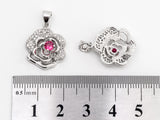 CZ Micro Pave Ruby Rose Flower Pendant,Fuchsia CZ, Cubic Zirconia Pave Flower Pendant, Jewelry DIY, 16x19mm, sku#Y51