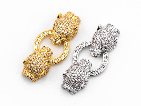 CZ Micro Pave Double Leopard Head Box Insert Clasp,Cubic Zirconia Panther Clasp,Leopard Head Connector,16x35x8mm, sku#Y70