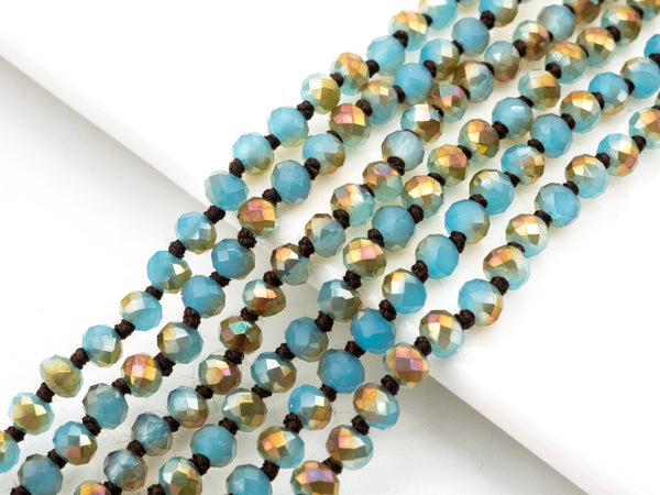 60"/36" Long Hand Knotted Blue Gold Color Crystal Necklace, Double Wrap Necklace, Turquoise Color 4mm/8mm Rondelle Crystal Beads, SKU#D19