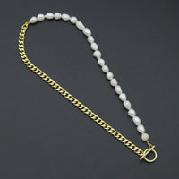 Freshwater Pearl Gold Curb Cuban Chain Necklace, Sku#EF212