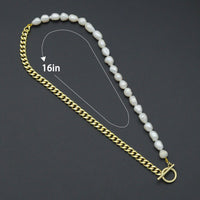 Freshwater Pearl Gold Curb Cuban Chain Necklace, Sku#EF212
