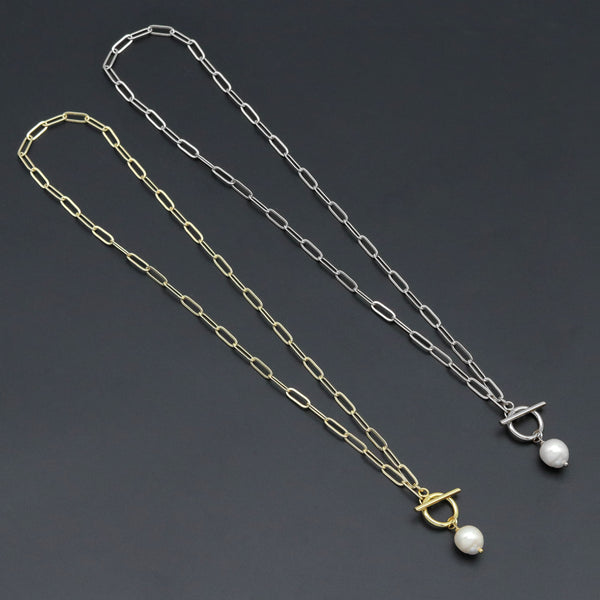 Dainty Paperclip Chain Pearl Pendant Necklace, Sku#EF213