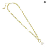Oval Gold Chain Necklace with Pearl Pendant, Sku#EF214