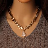 Thick Link Chain Necklace with Freshwater Pearl Pendant Necklace, Sku#EF504