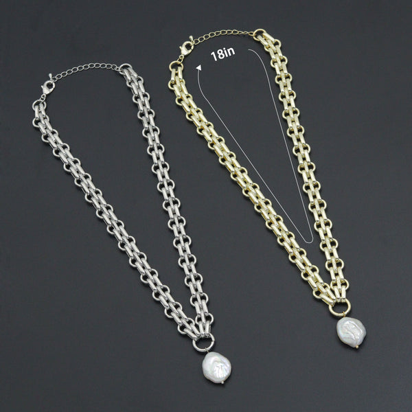 Thick Link Chain Necklace with Freshwater Pearl Pendant Necklace, Sku#EF504