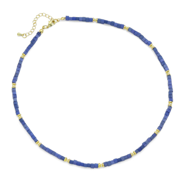 Royal Blue Cube Gemstone Gold Spacer Necklace, EF538