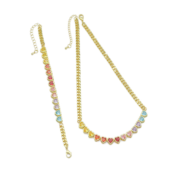 Colorful Heart CZ Link Bracelet Necklace, Sku#EF564