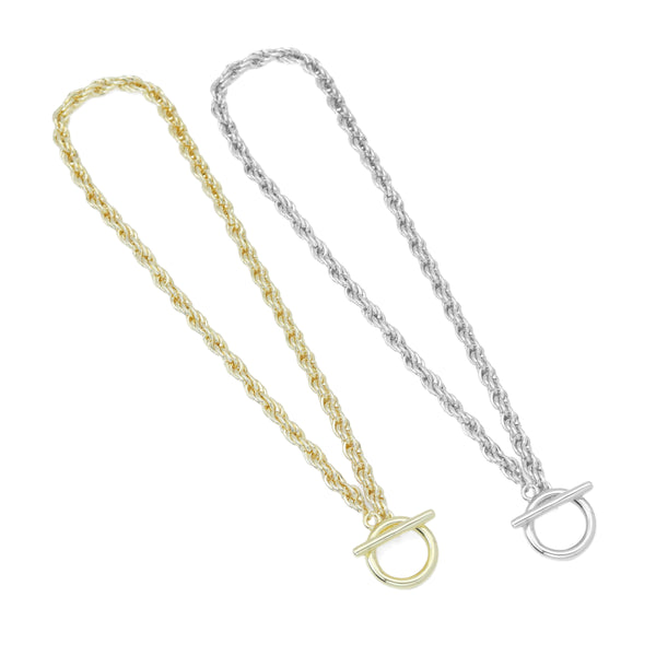 Gold Silver Rope Chain Necklace with Large Toggle Clasp, Sku#EF583