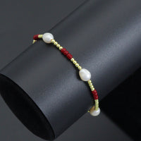 Freshwater Pearl with Red Coral Gold Hematite Stretchy Bracelet, Sku#EF679