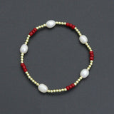 Freshwater Pearl with Red Coral Gold Hematite Stretchy Bracelet, Sku#EF679