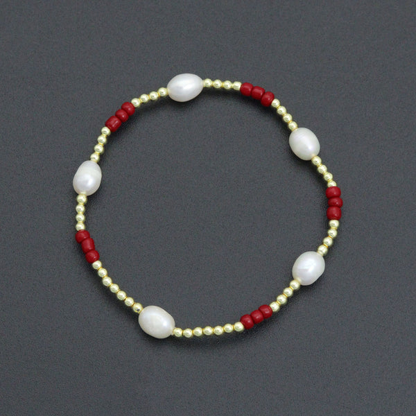 Freshwater Pearl with Red Coral Gold Hematite Stretchy Bracelet, Sku#EF679