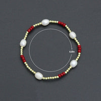 Freshwater Pearl with Red Coral Gold Hematite Stretchy Bracelet, Sku#EF679