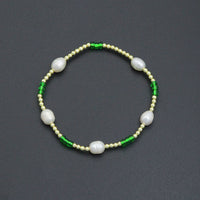 Gold Hematite Freshwater Pearl with green spacer stretchy Bracelet, Sku#EF683