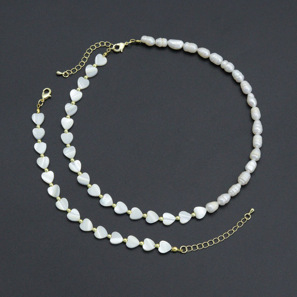 Freshwater Pearl with Mother of Pearl Heart necklace Bracelet, sku#EF677