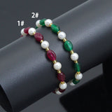 Burgundy Green Oval Jade with Mother of Pearl Gold spacer Stretchy Bracelet, sku#EF761