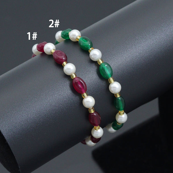 Burgundy Green Oval Jade with Mother of Pearl Gold spacer Stretchy Bracelet, sku#EF761