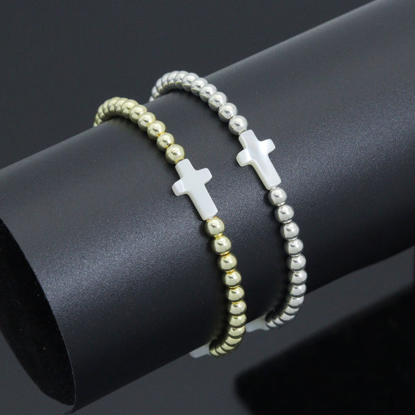 Hematite with Mother of Pearl Cross Stretchy Bracelet, Sku#EF776