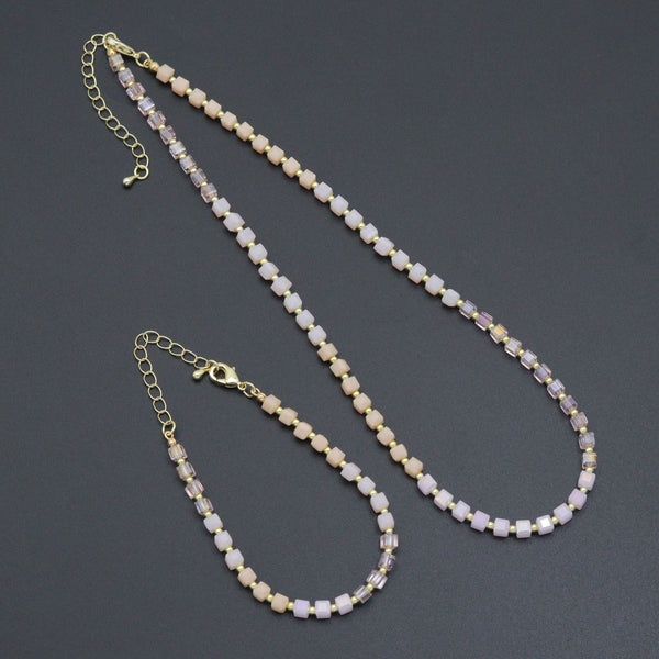 Ombré Pink Champagne color Cube Beads necklace Bracelet, Sku#EF799