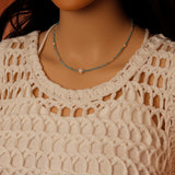 Light Blue Cubic Zirconia Faceted Bead Station Necklace with Freshwater Pearls, sku#EF843