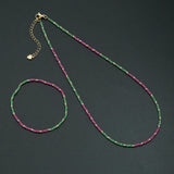 Berry Pink Green CZ Beaded Necklace & Bracelet, Sku#EF853