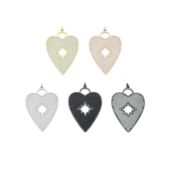 CZ Micro Pave Heart Pendant/Focal with Hollow out Star, Cubic Zirconia Large Heart Pendant Charm,48x33mm,sku#F519
