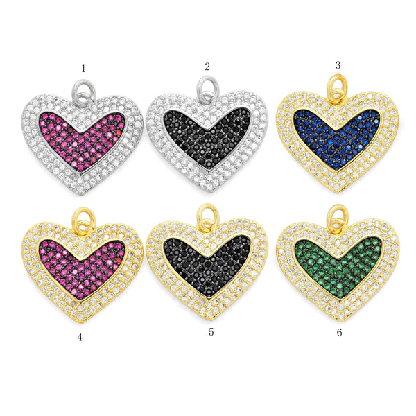 CZ Micro Pave Heart Pendant/Charm, Cubic Zirconia Blue Fuchsia Black Green Heart Pave Pendant,18x21mm, sku#F560