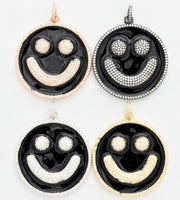 38mm Black Enamel Oil Drop Smiley Face Round Pendant, Gold/Rose gold/Black/Silver, Cubic Zirconia Pave Pendant, Happy face charm, SKU#F612